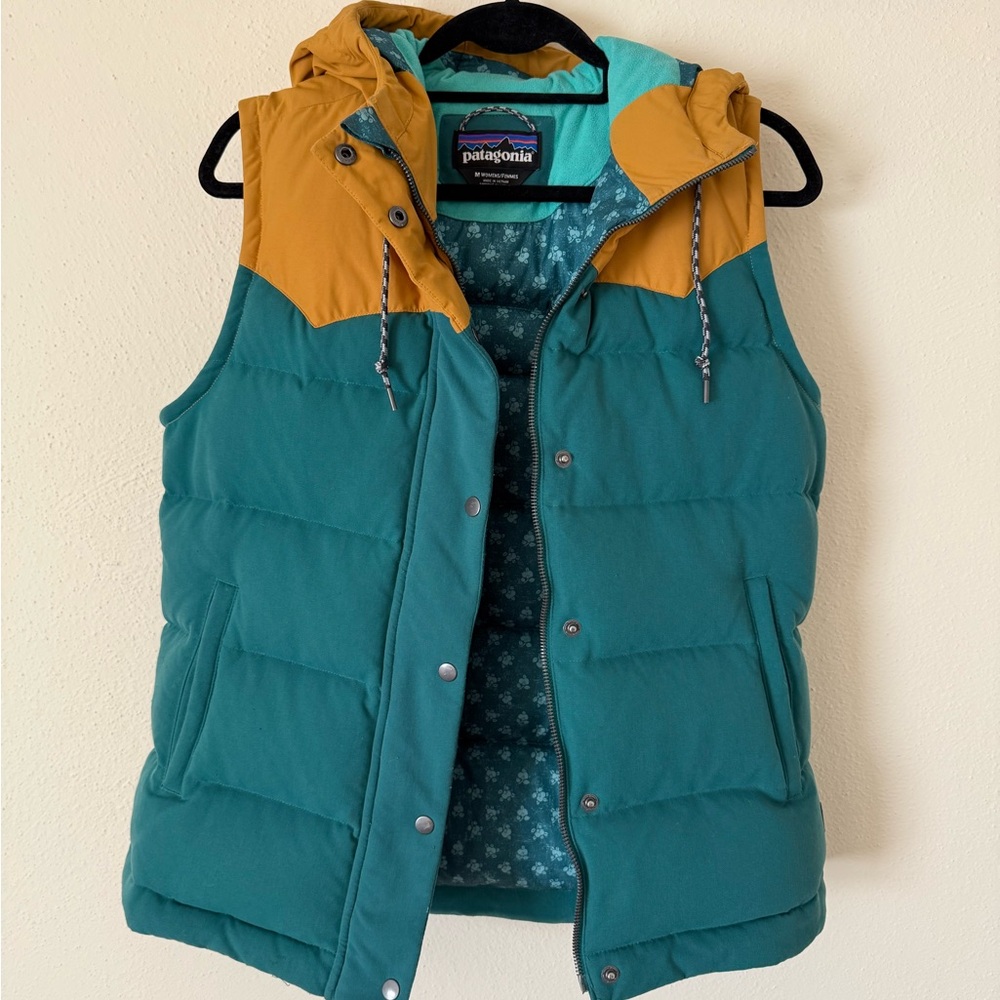 Women’s Patagonia Bivy Hooded Down Vest - Teal and Gold